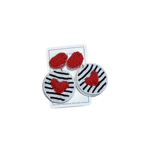Jewelry - Red and White Beaded Heart Earrings
